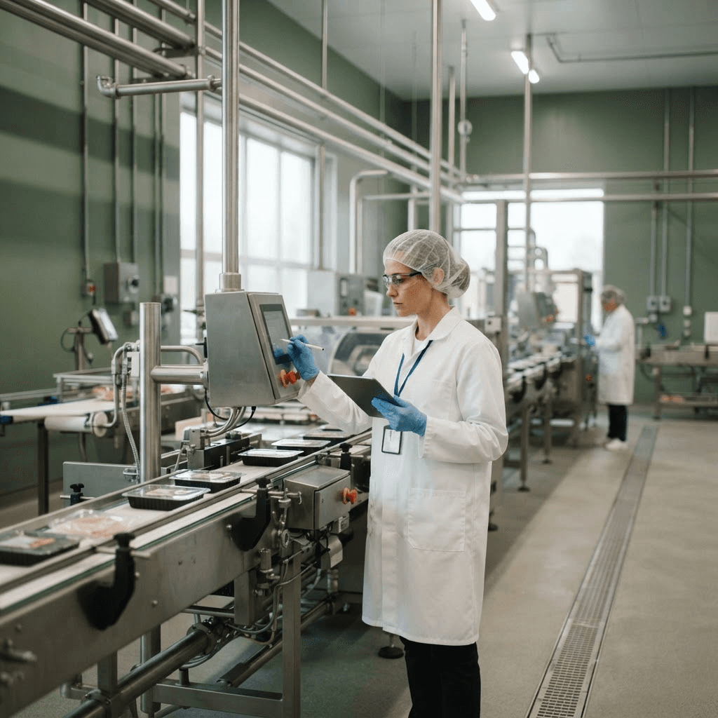 Food safety technician inspecting a stainless steel production line in a modern food manufacturing facility
